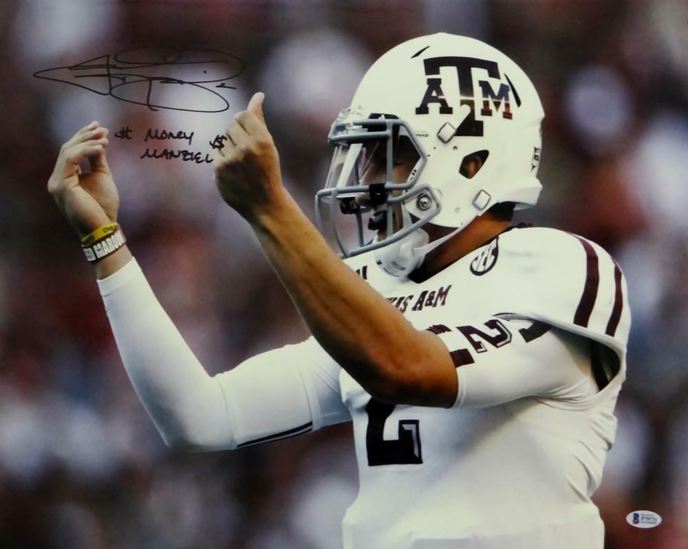 Johnny Manziel Signed Texas A&M 16x20 Money Sign Photo Poster painting w/ Insc - Beckett Auth