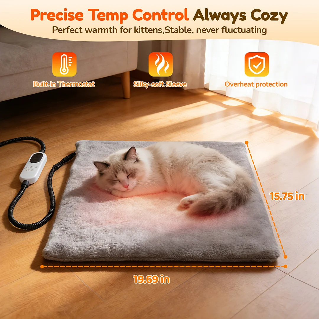 Cat Heating Pad with Smart Thermostat, 9 Heat Levels, 2-12H Timer Auto Shut-Off, Waterproof 7-Layer Protection, Chew-Resistant Metal Cord, Removable Washable Cover, for Cats & Small Dogs