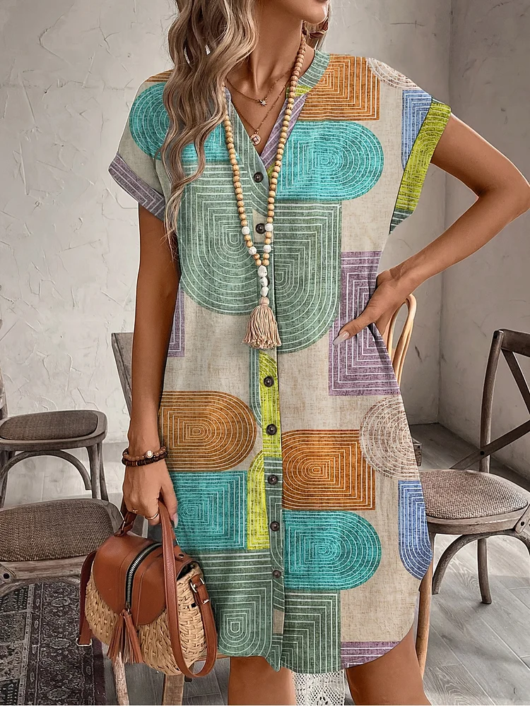 Summer Women's Geometric Print Woven Elegant V-Neck Button Dress