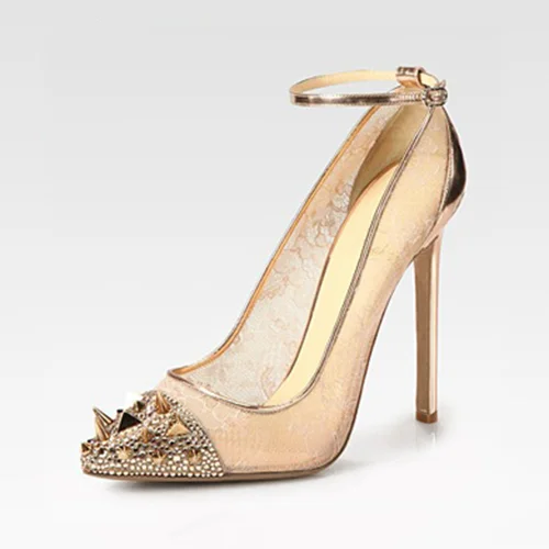 Women'S Champagne Pointed Lace Shoes Elegant Stiletto Studs Heels Party Rivets Pumps |FSJ Shoes