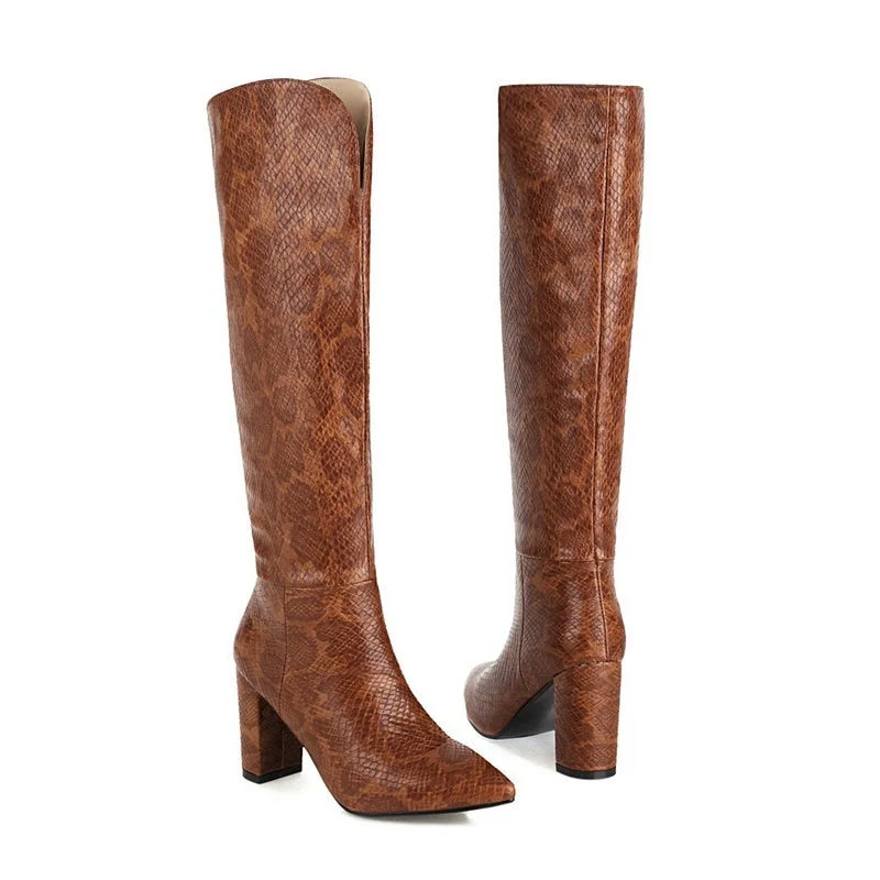 Plus size 34-43 print western boots female New brand women boots thick high heels knee high boots pointed toe ladies shoes