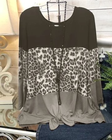 Leopard Print Stitching Knotted Casual T-Shirt