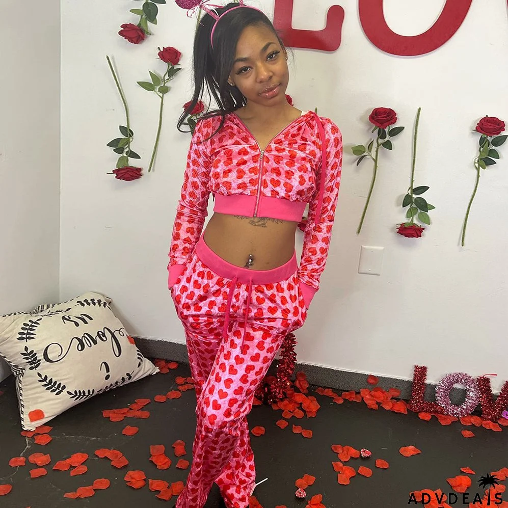 Women Sexy Hooded Printed Zipper Crop Top and Pants Two-piece Set
