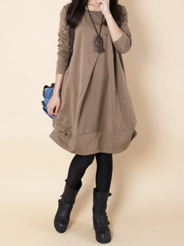Chic Pleated Round-Neck Short Dress with Long Sleeves