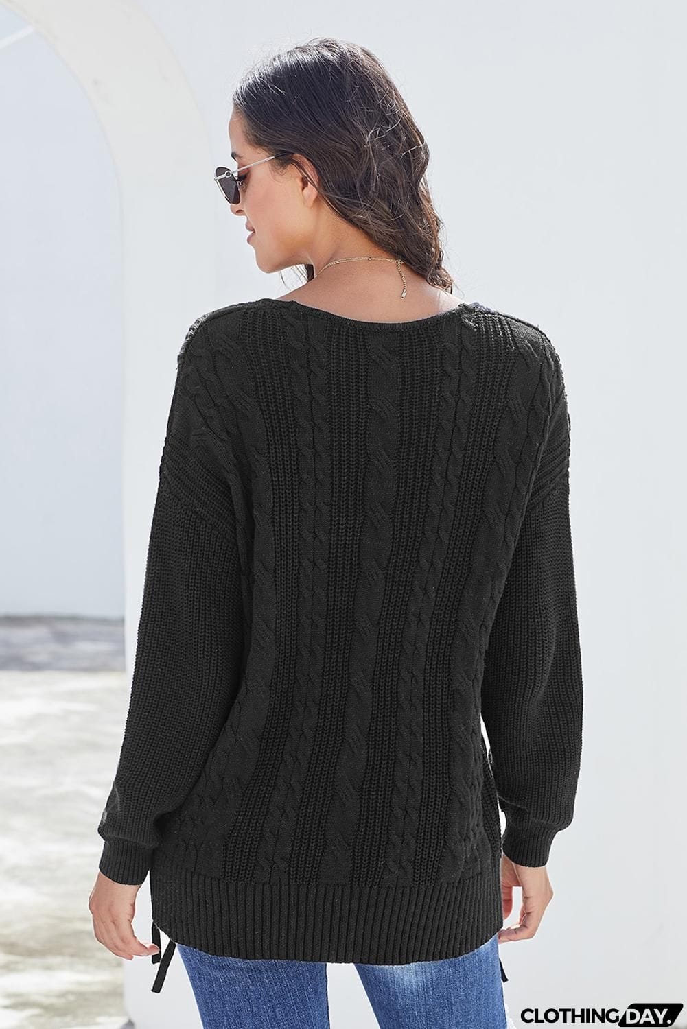 Black Love Letters Lace Up Cable Knit Sweater