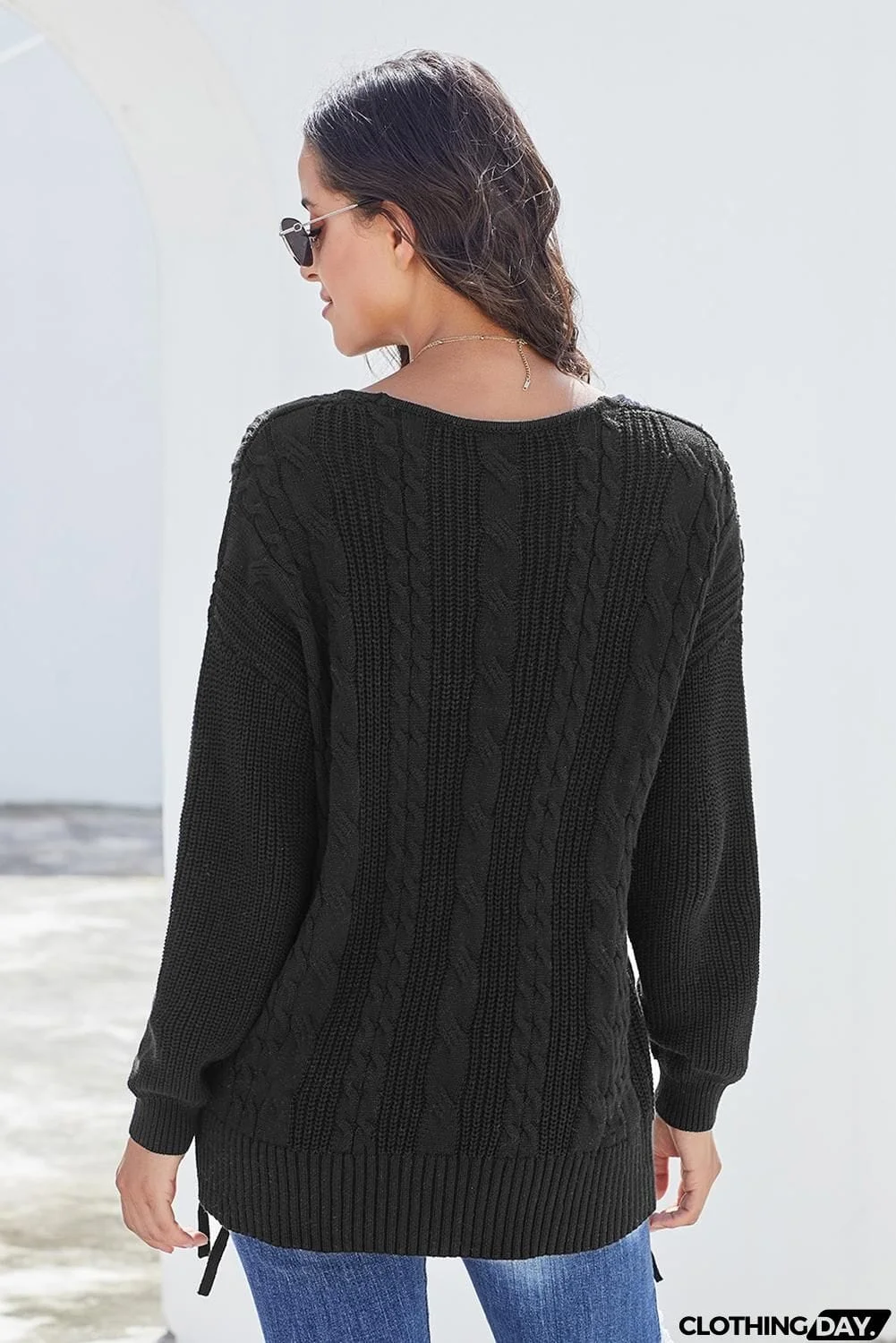 Black Love Letters Lace Up Cable Knit Sweater