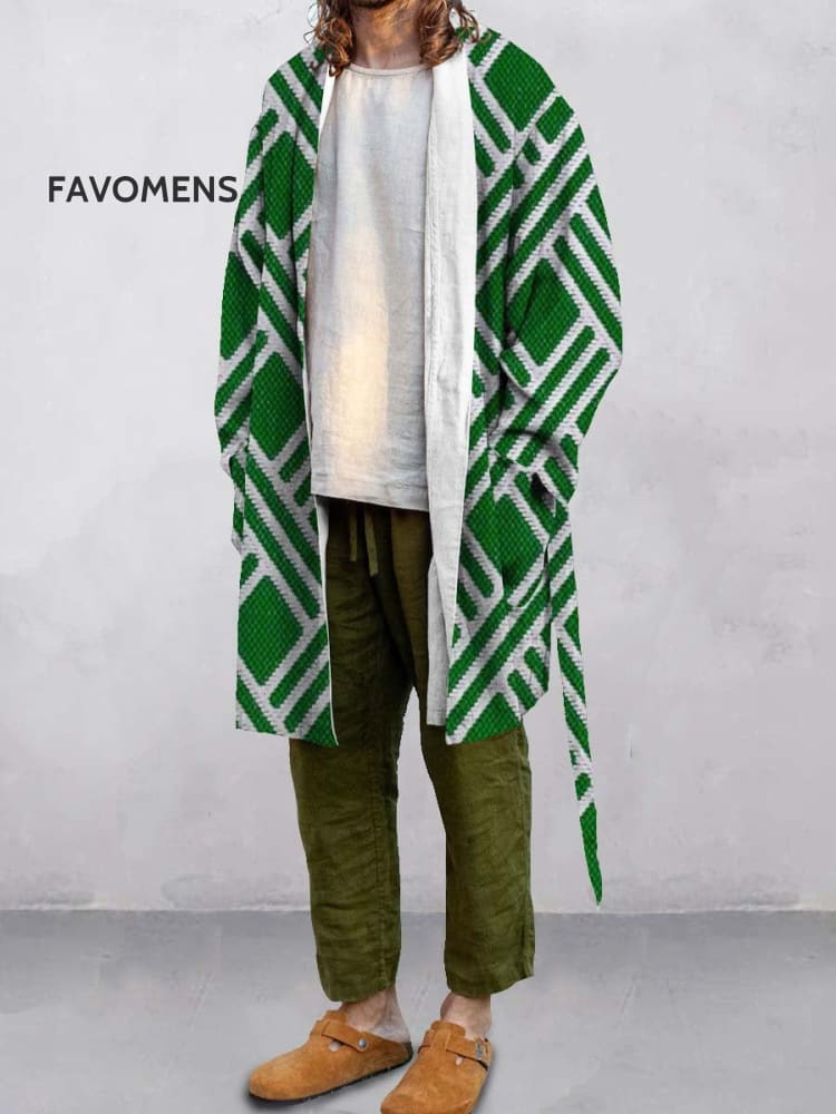 Men’s Geometric Green Pattern Art Print Jacket Robe Linen Coat White / S