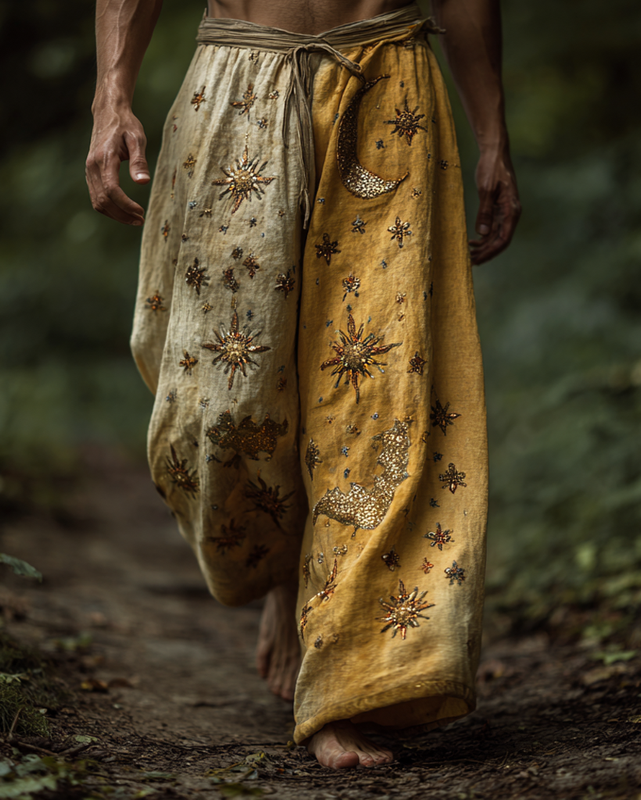 Men's casual star and moon 3D embroidered linen trousers b59f