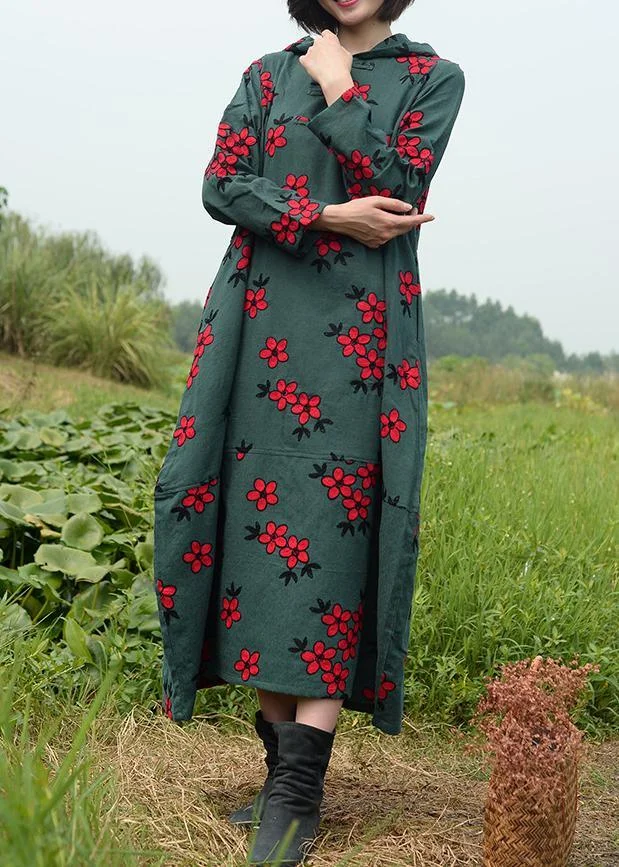 Natural Hooded Spring Clothes For Women Catwalk Green Embroidery Dresses
