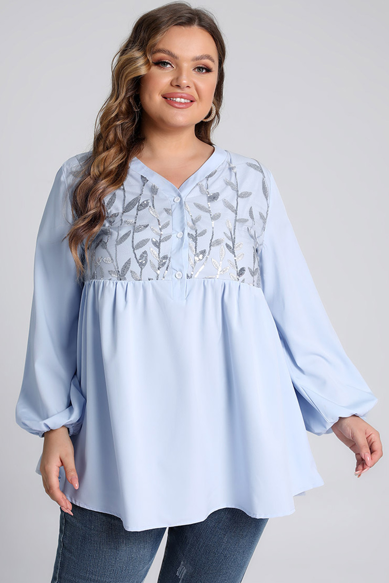 Plus Size Leaf Sparkly Lantern Sleeve V Neck Tunic Blouse 2024 - Flycurvy 