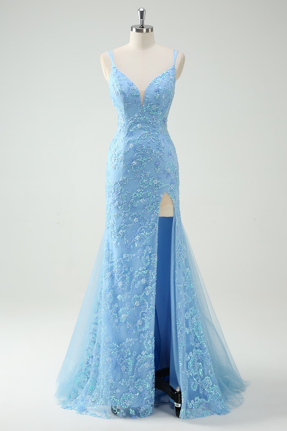 Ovlias Dazzling Blue Spaghetti Strap Applique Sequins Pearl Prom Dress LY0607