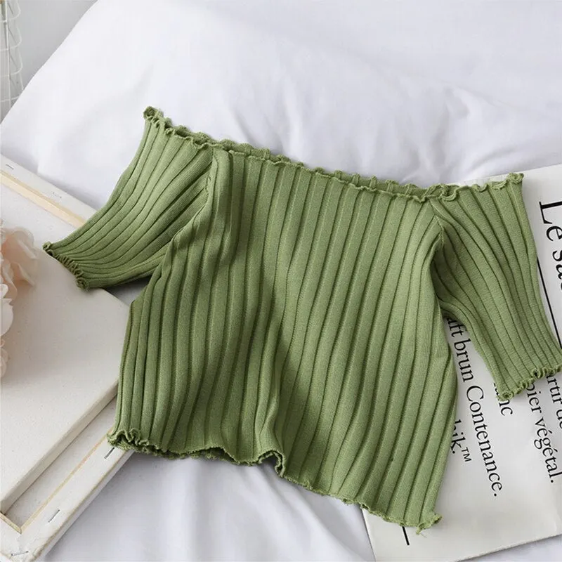 Ribber Slash Neck T-shirt Off Shoulder Knitting Crop Tops Women Short Sleeve Stretchy Ruffles Female Tshirt Stripes Summer Top