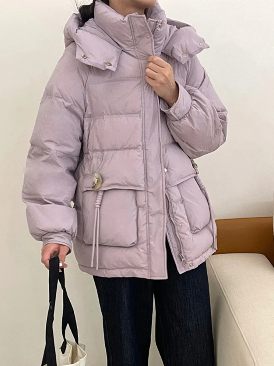 Woherb Sweet Crescent Buckle Down Jacket Women's Short Style 2024 Winter Fashion Thick Warm Hat Small White Duck Down Coat-Outfit Ideas