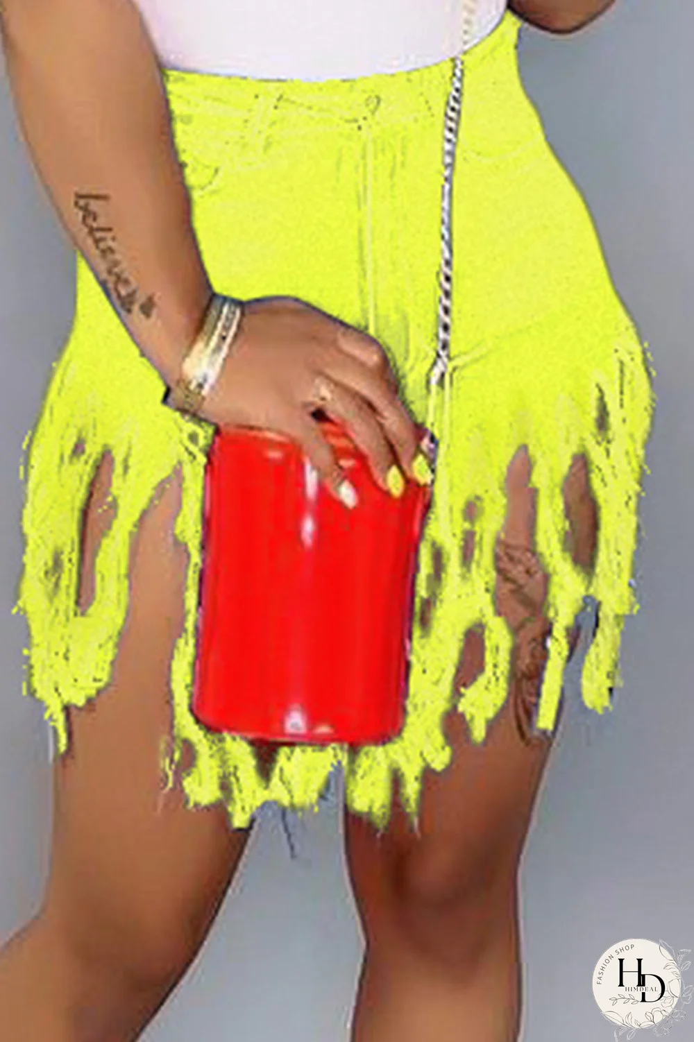 Blue Denim Button Fly Zipper Fly Mid Solid Patchwork Tassel Straight shorts