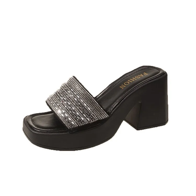 Wongn Wongn Summer New Fashion Women's Shoes Water Diamond One-Word Waterproof Platform Thick With Cool Drag High Heel Slippers Female