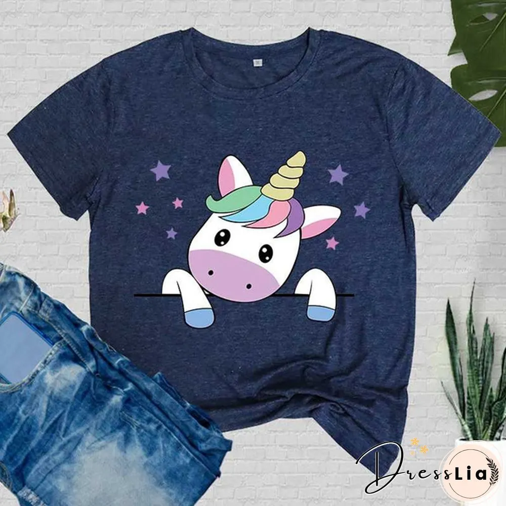 Women T-Shirt Unicorn Print Short Sleeve Casual Tee Round Neck Tops