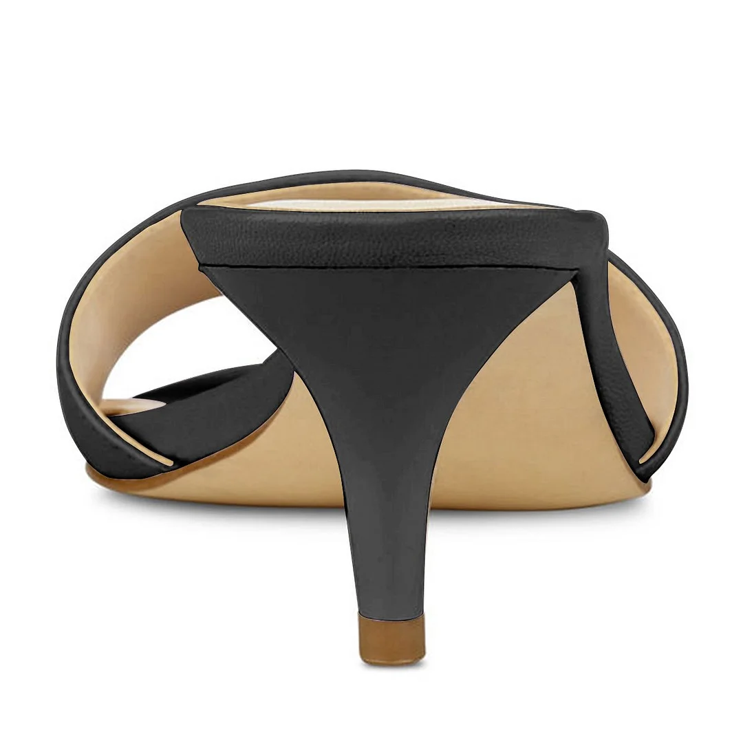 Black Satin Wide Band Comfy Mules with Kitten Heels for Ladies