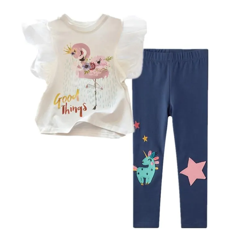 Two Pieces Kids Children Girls Clothes Set Little Girl Summer Cartoon Print T Shirt and Pants Leggings Outfits Clothing 2pcs