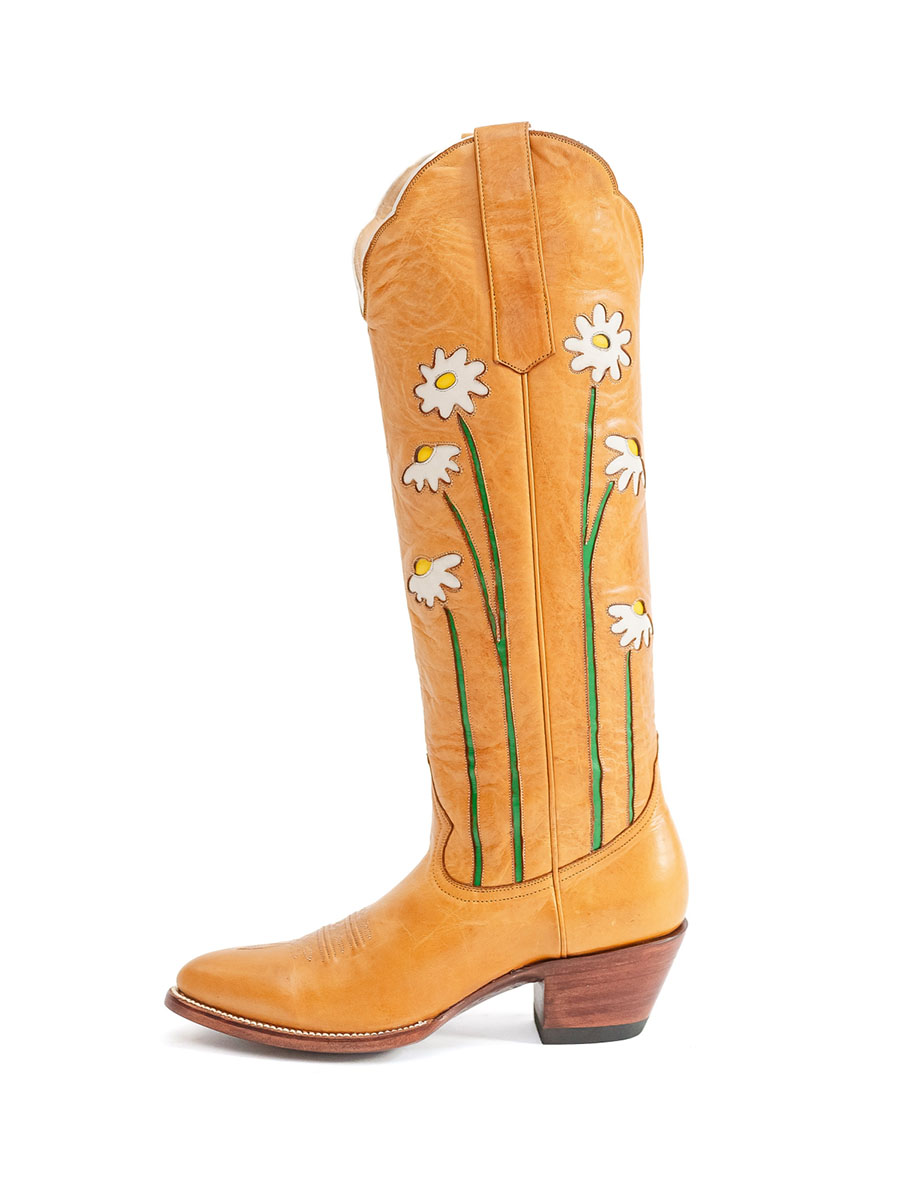Orange Almond Toe Floral Pattern Inlay Stacked Heel Cowgirl Boots