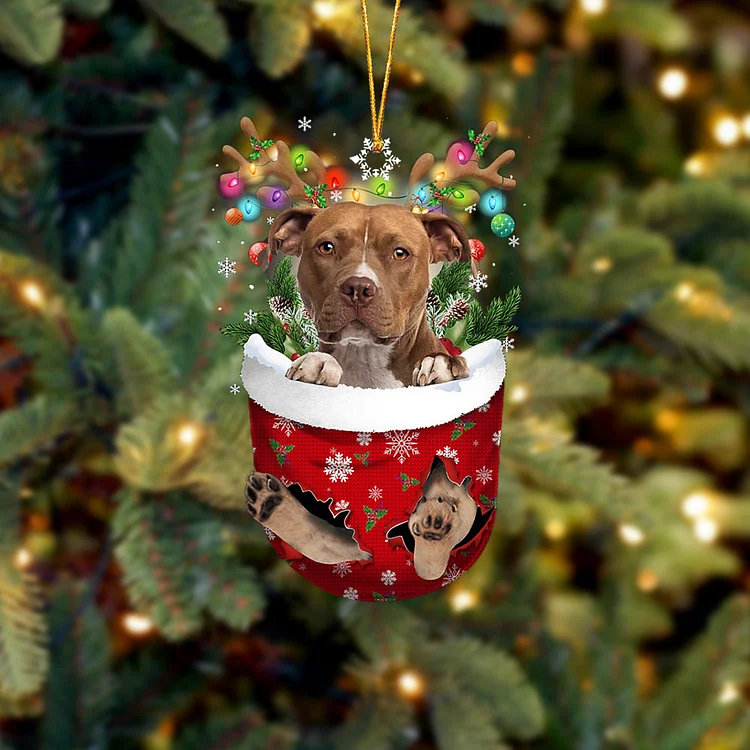 BROWN Pitbull In Snow Pocket Christmas Ornament