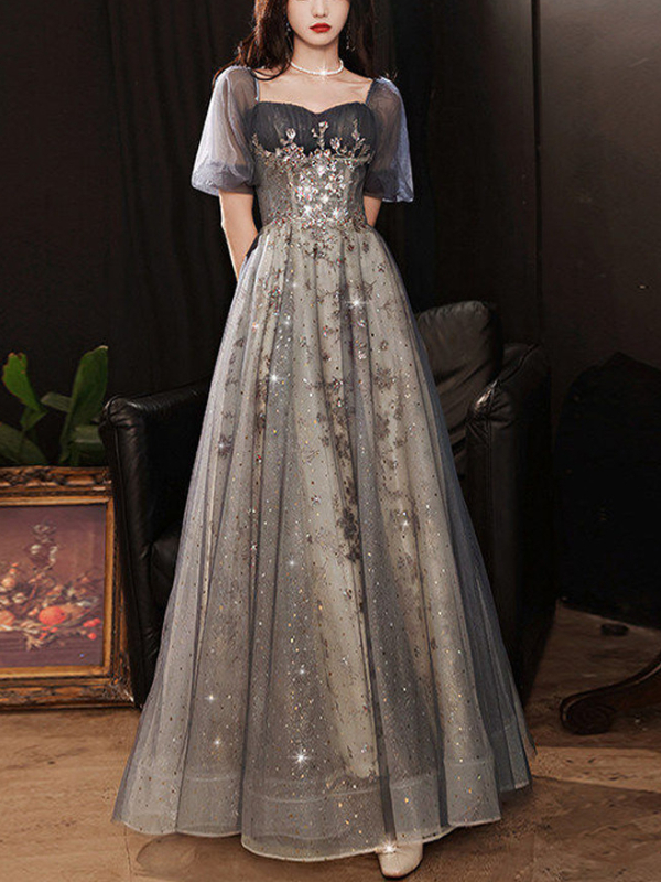 Elegant Bubble Sleeve Bandaged High-rise A-line Square Neck Maxi Dress