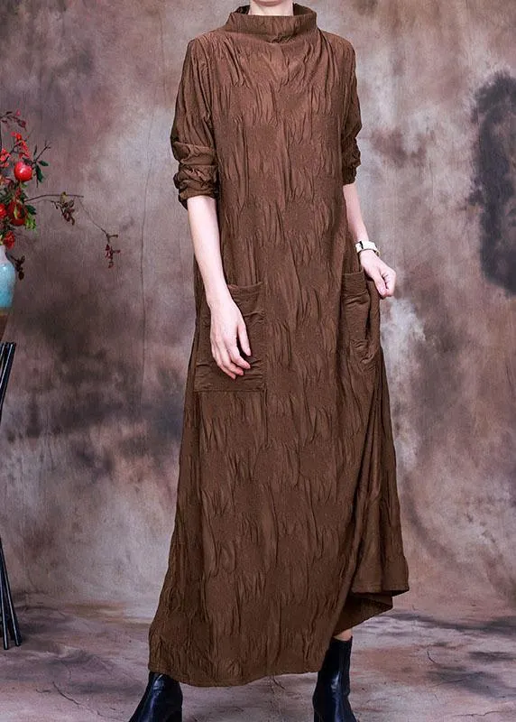 Natural Coffee Turtle Neck Pockets Silk Dress Spring