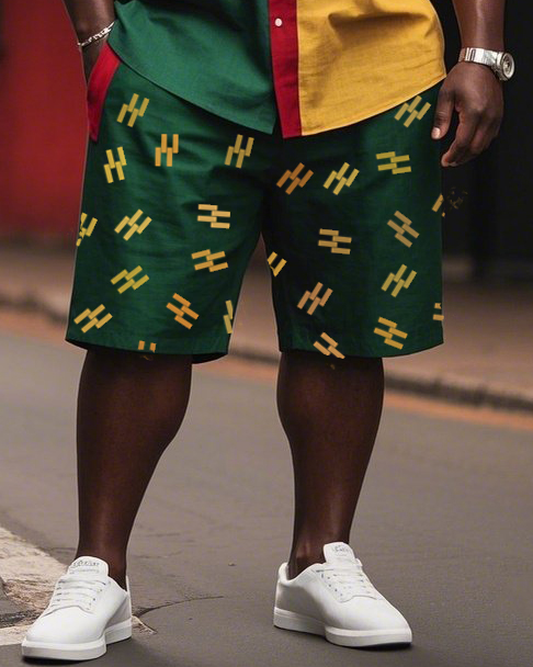 Men's Plus Size Yellow Green Stitching Shirt Chain Shorts Printed Shirt Suit