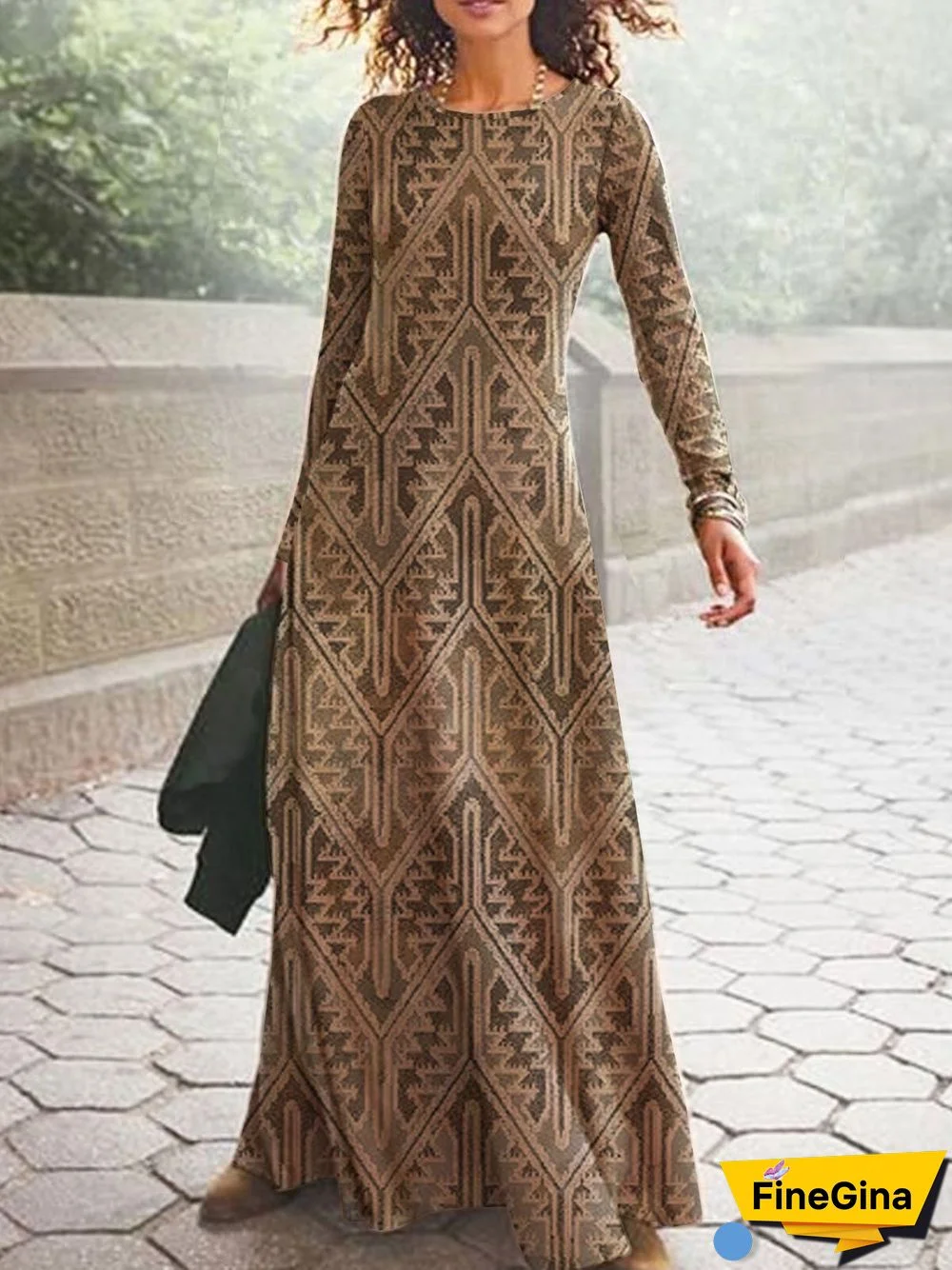 Geometric Printed Long Sleeve Crew Neck Plus Size Casual Dresses