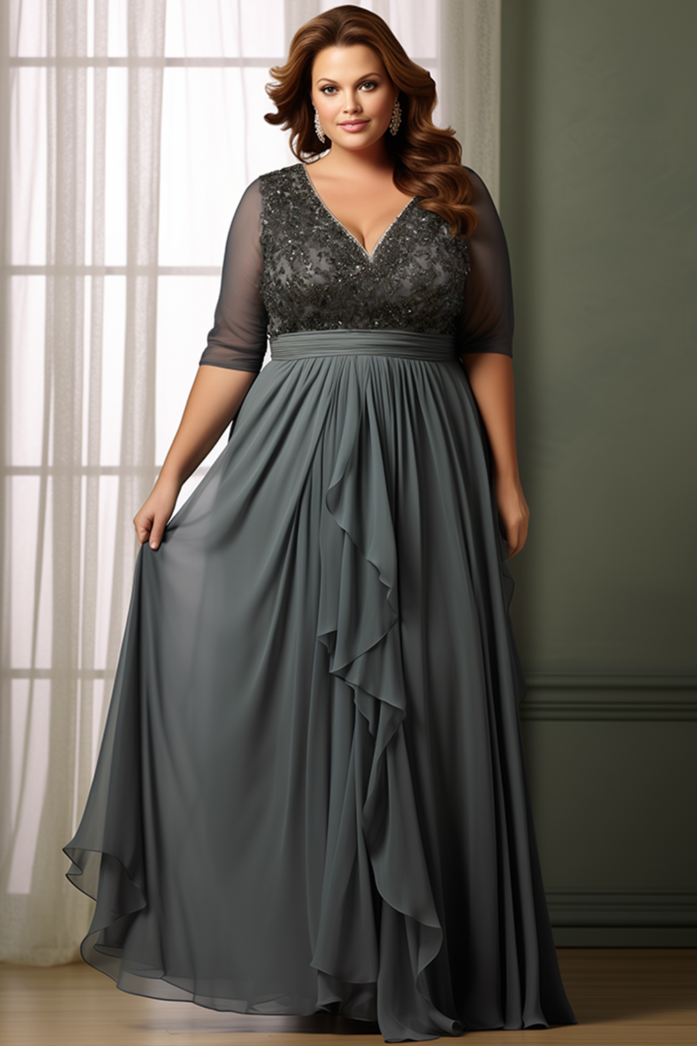 Flycurvy Plus Size Mother Of The Bride Gray Chiffon Sequined Lace Half Sleeve Asymmetrical Hem Maxi Dress