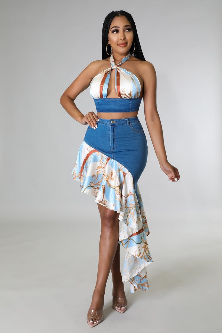 Sleeveless Cutout Patchwork Irregular Ruffle Denim Dress Set