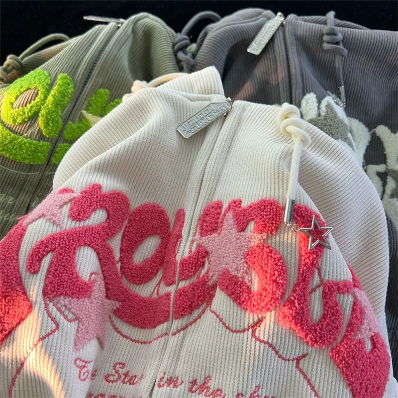 brownm Vintage Corduroy Cardigan Jacket Women's Autumn Winter Y2k Loose Letter Embroidery Harajuku Fleece Warm Sweatshirt