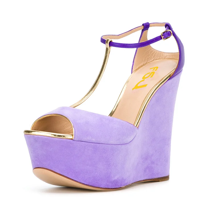 Women's Purple T-strap Peep Toe Wedge Sandals |FSJ Shoes