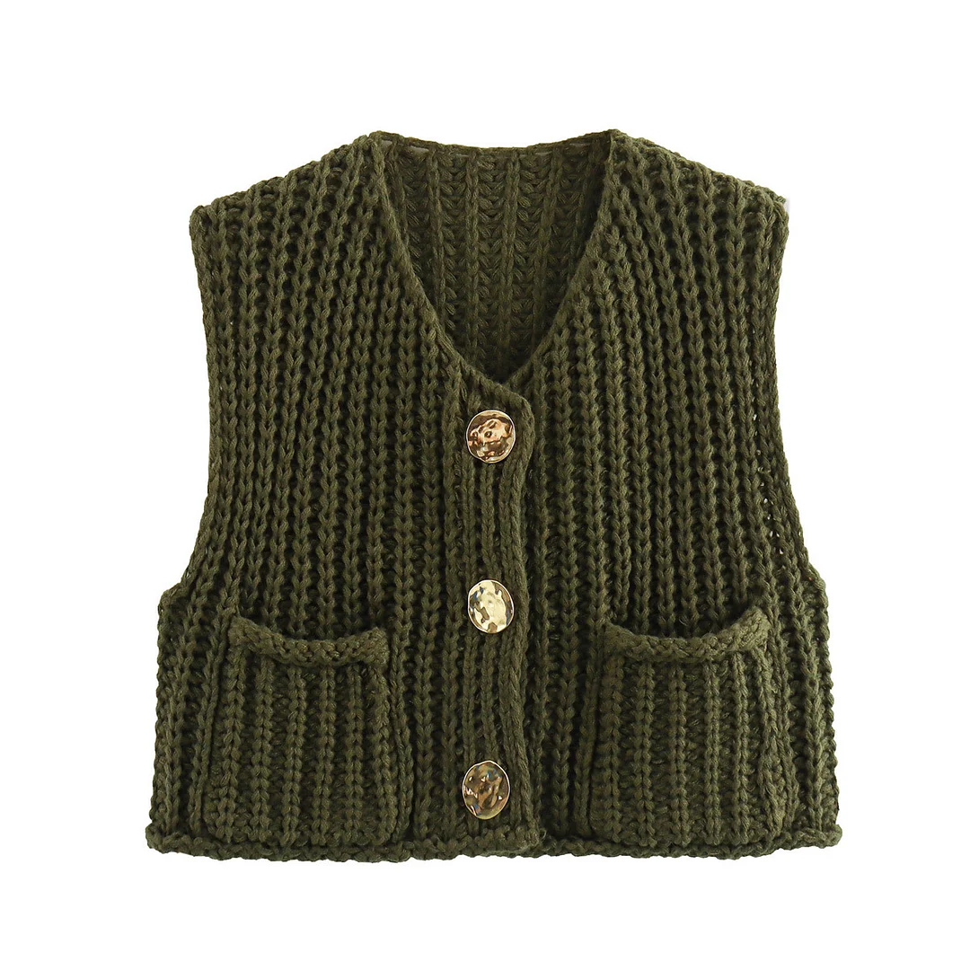 Nigikala Nigikala 2025 Spring And Autumn 2025 New Women's Pocket Sleeveless Short Knitted Cardigan Vest