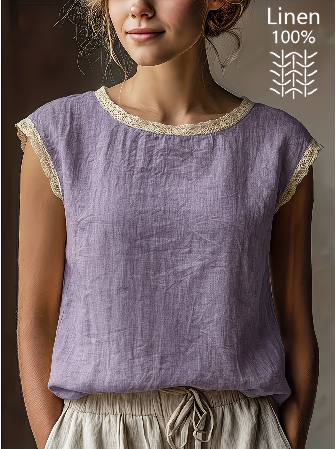 Solid Lace Trim Sleeveless Blouse