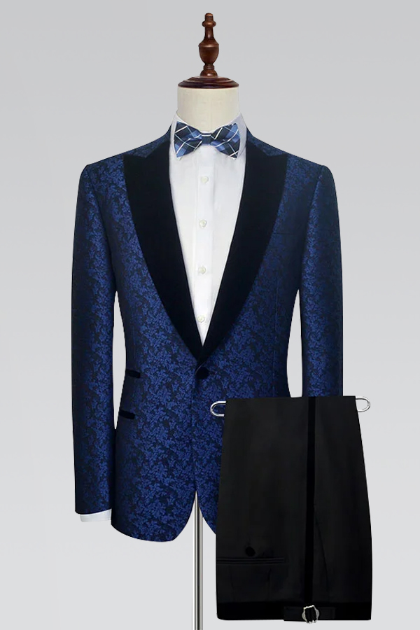  Blue Floral Patter Tailcoats For Wedding Prom Black Velvet Peak Collar Prom Suit