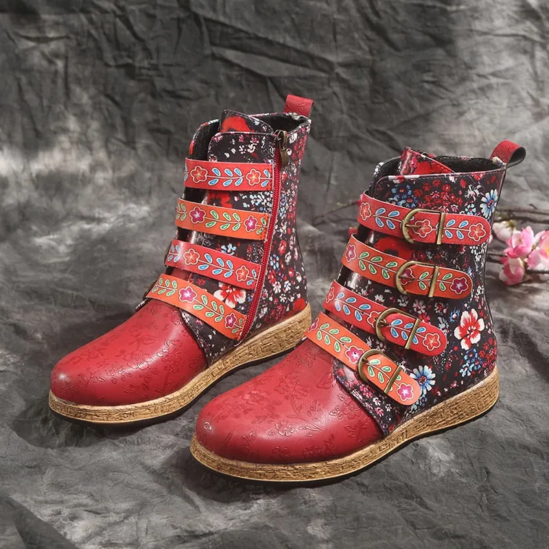 New Socofy Women Boots Retro Printed Metal Buckle Soft Leather Zipper Ankle Boots Ladies Shoes Women Botines Mujer 2021