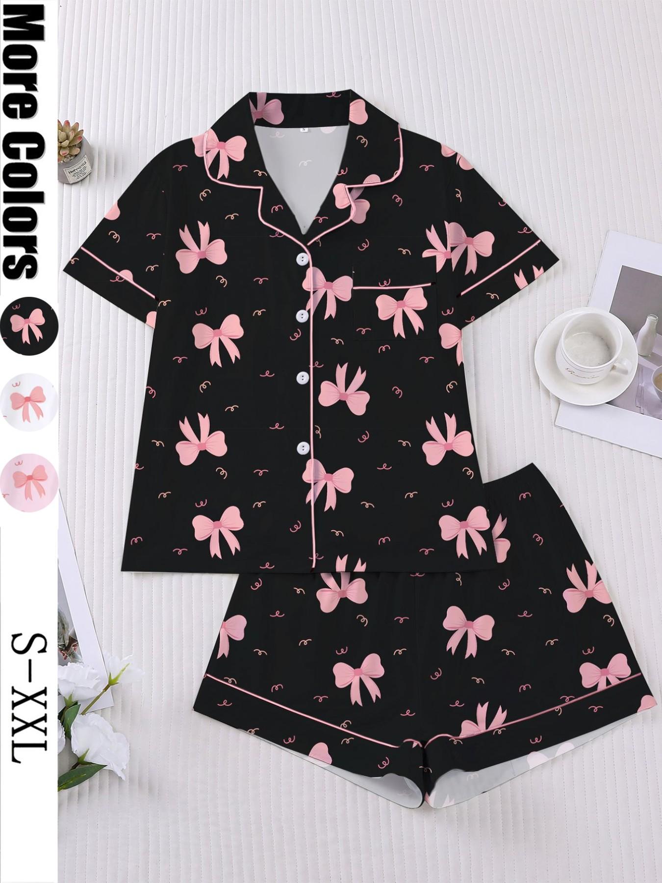 Women's Valentine's Day Sleepwear Set, Bow Print Pajamas, Short Sleeve Button-Up Top & Elastic Shorts, Casual Home Wear Loungewear