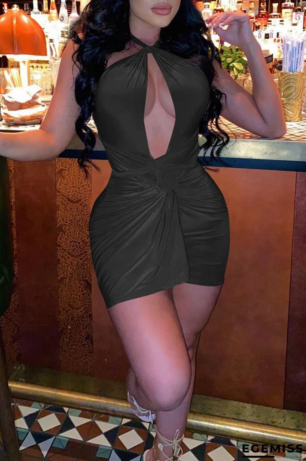 Black Fashion Sexy Solid Hollowed Out Backless Halter Sleeveless Dress | EGEMISS