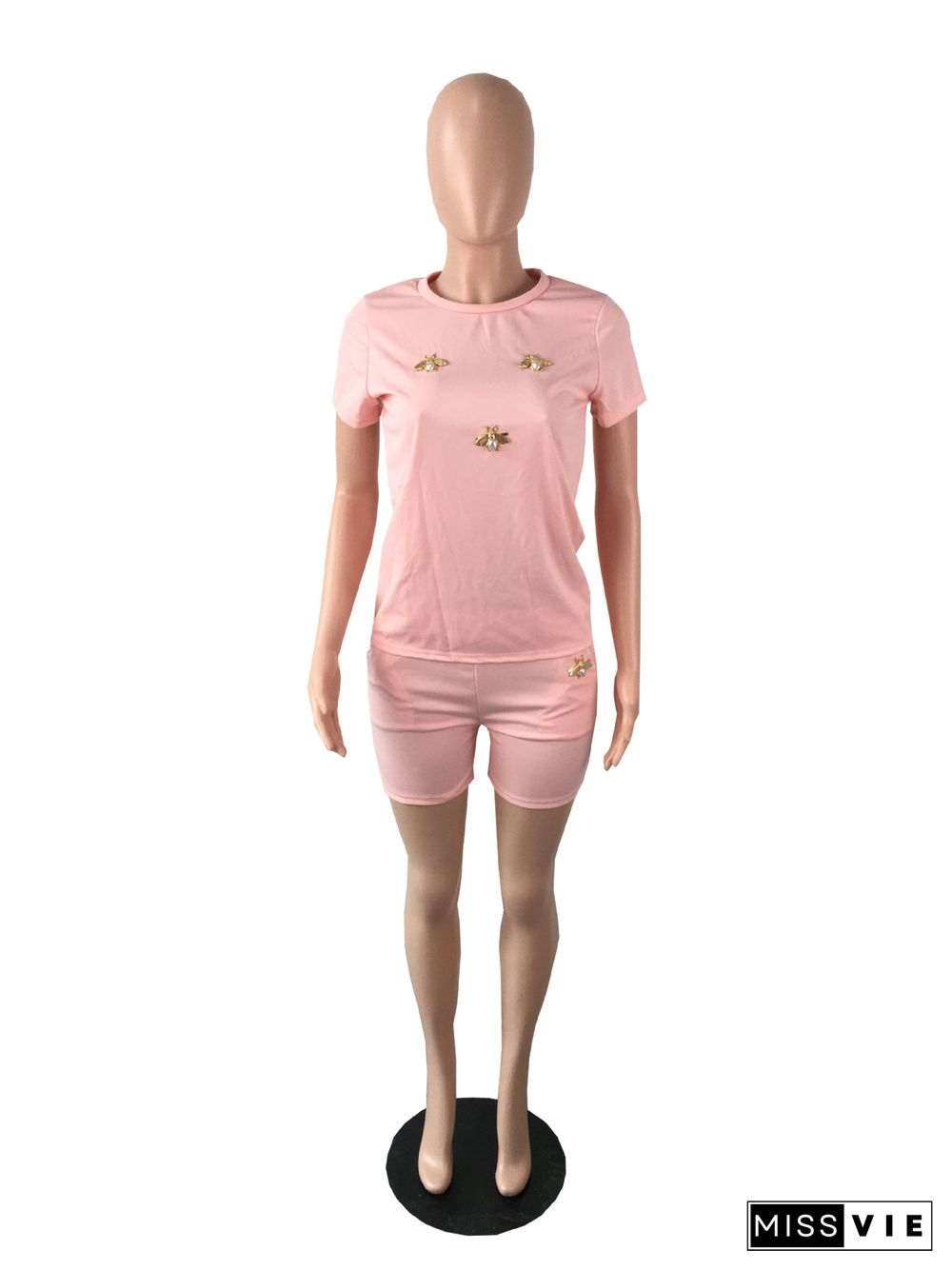 Summer Fashion New Bees Decorative Solid Color Short Sleeve T Shirt Pocket Shorts 2 Piece Set