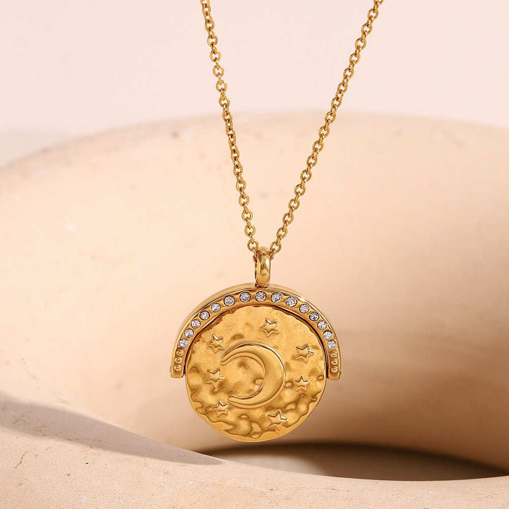 Leng Qingfeng All-Match Geometric Pendant Stainless Steel Plated 18K Gold Star And Moon Coin Pendant Necklace