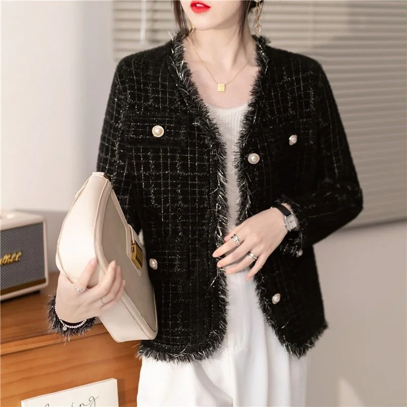 Churchf Churchf Autumn And Winter Small Jacket V Collar Plaid Mink Velvet Cardigan French Temperament Small Fragrant Wind Short Coat Female