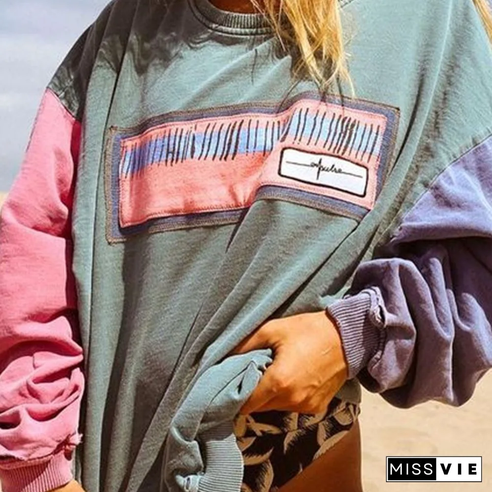 Retro Woman Color Stitching Round Neck Sweater