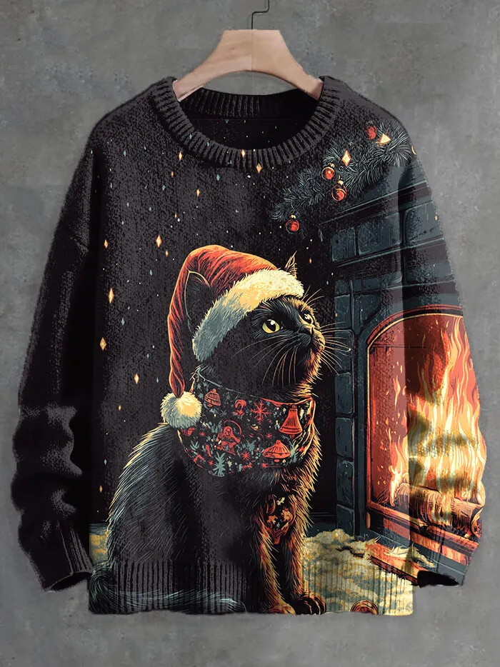 Men's Christmas Cute Black Cat Art Print Knit Sweatshirt