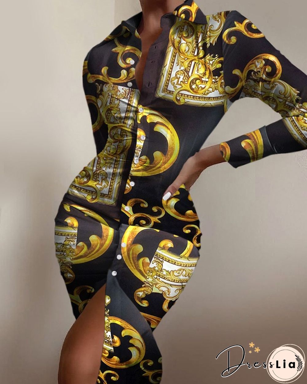 Scarf Print Buttoned Long Sleeve Shirt Dress