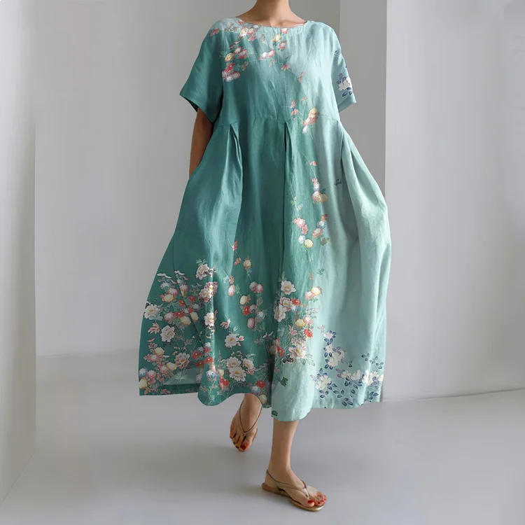 Wearshes Japanese Art Flower Print Round Neck Casual Midi Dress