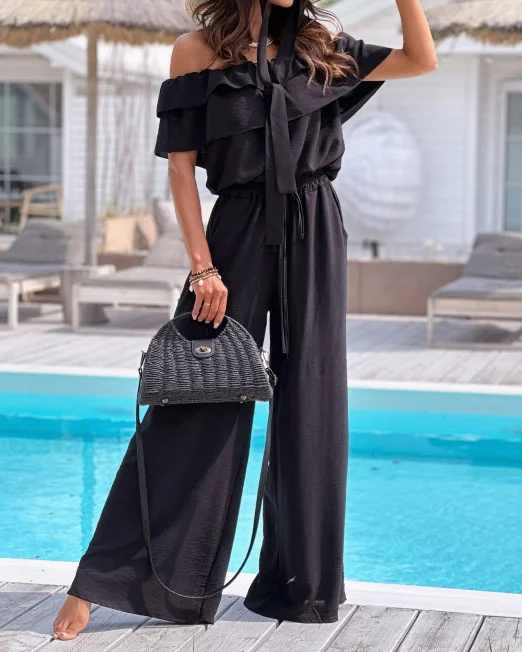 Off-the-shoulder Ruffle Drawstring Jumpsuit