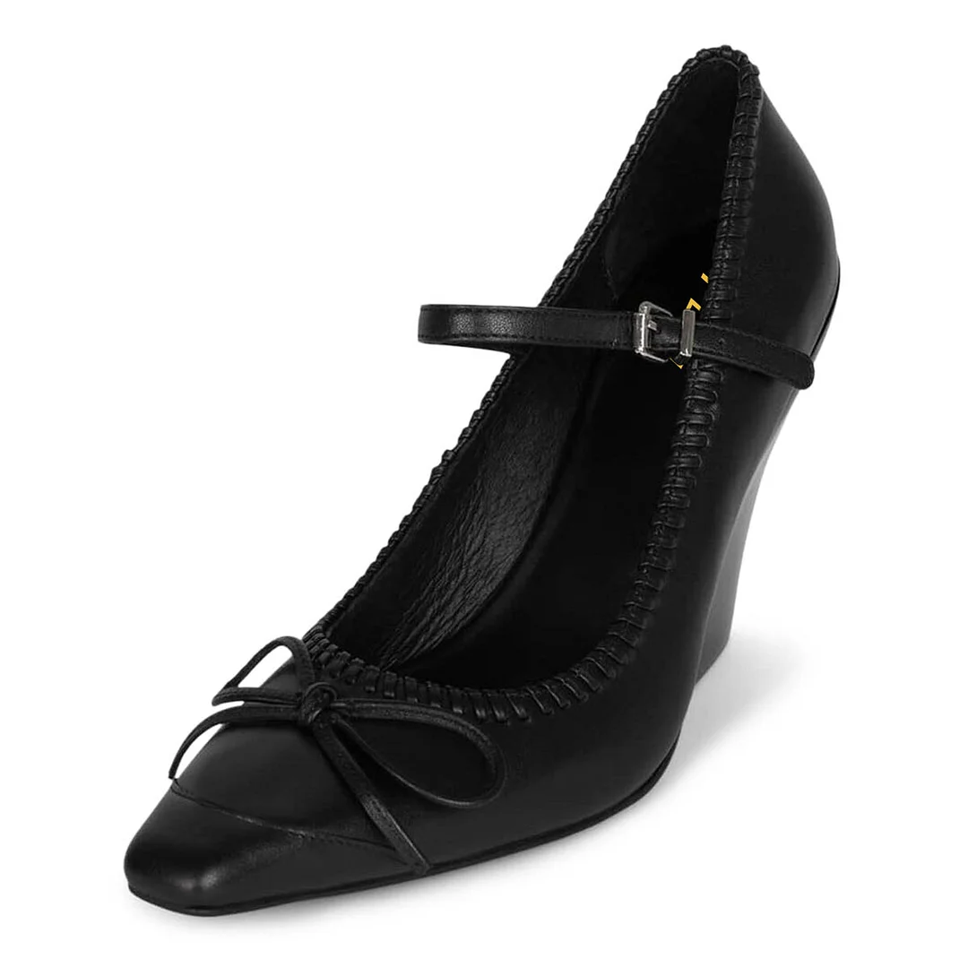Chunky Heel Buckle Strap Square Toe Bow Mary Jane Shoes in Black