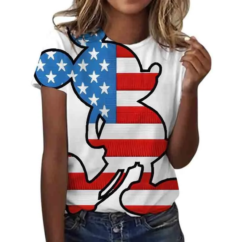 Women's Round Neck Short Sleeved American Style Printed T-shirt