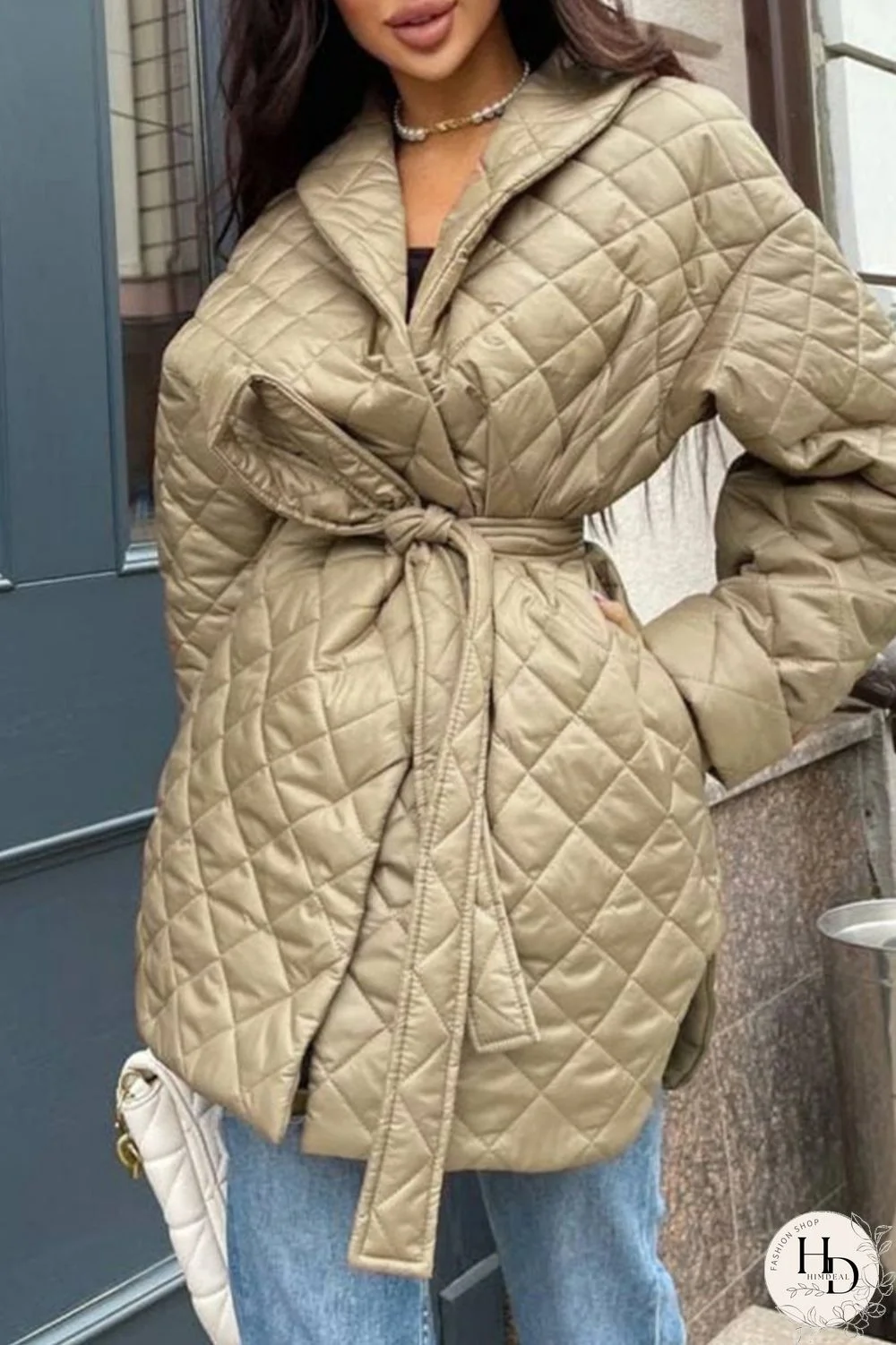 Khaki Casual Solid With Belt Turndown Collar Outerwear
