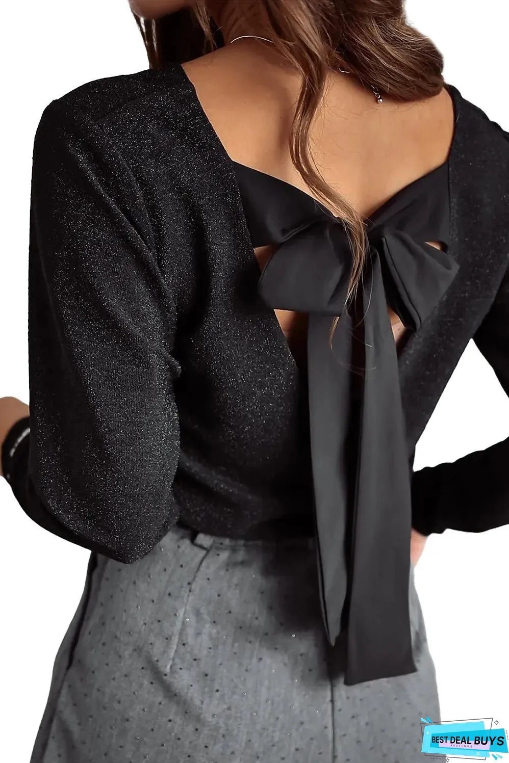 Black Metallic Bowknot Open Back V Neck Top